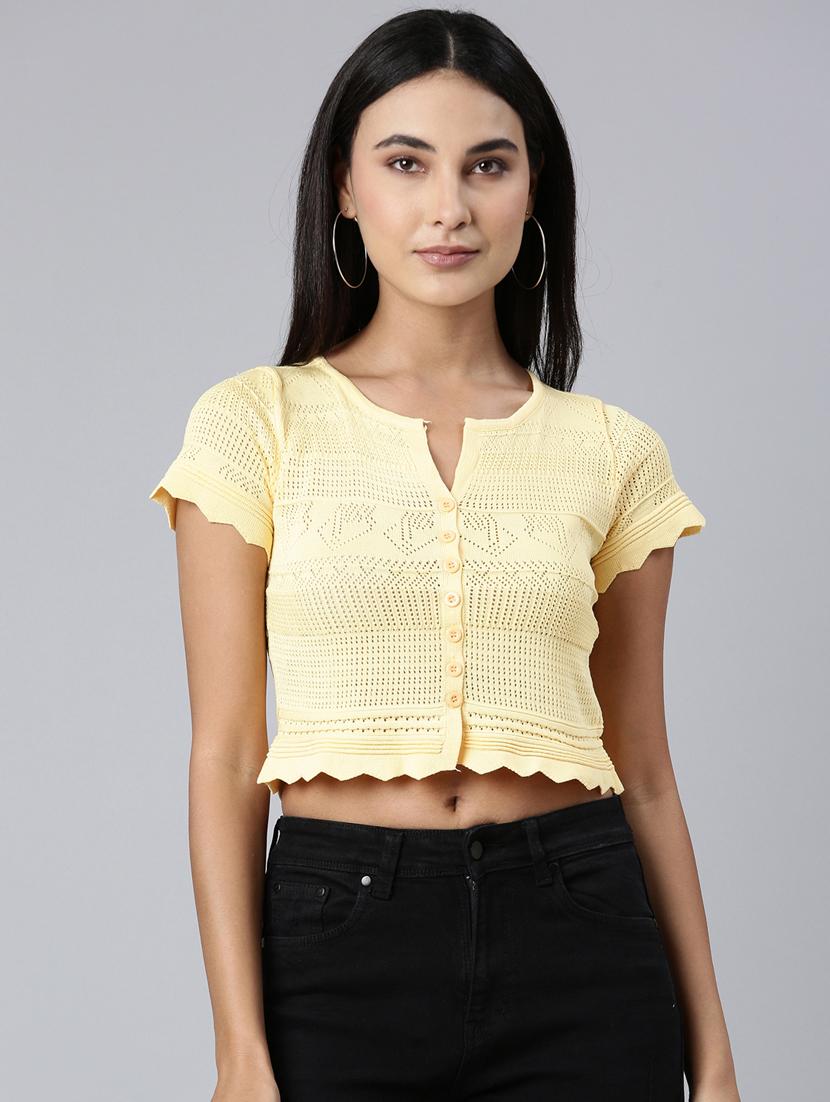 yellow self design crop top - 20383137 - Zoom Image - 0