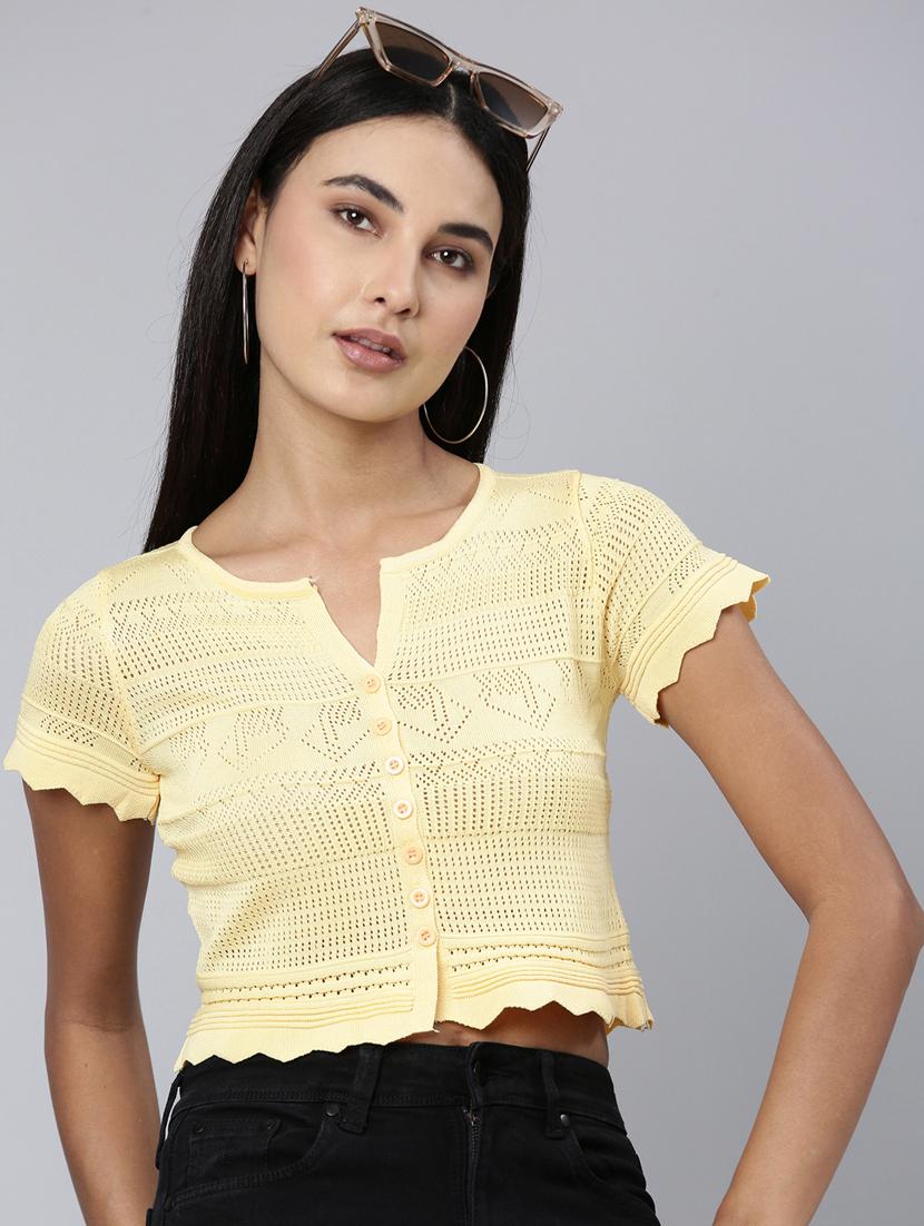 yellow self design crop top - 20383137 - Standard Image - 3
