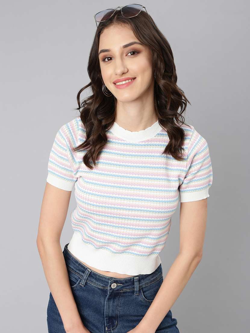 women multi color striped acrylic regular top - 20383150 -  Standard Image - 3