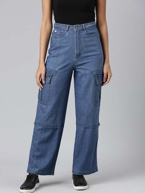 women blue plain cargo jeans - 20383181 - Standard Image - 0