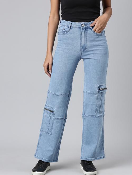 women blue plain cargo jeans - 20383268 - Standard Image - 0