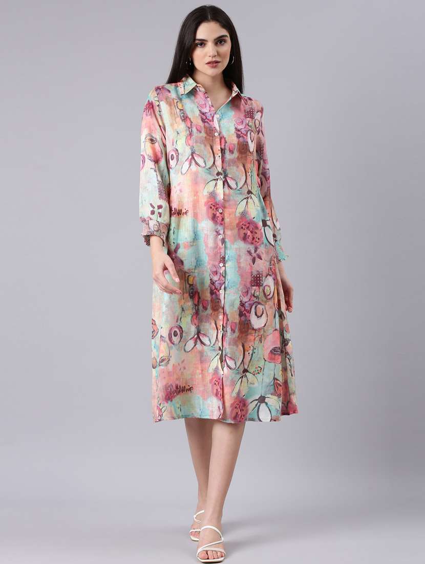 women multi color printed cotton shirt dress