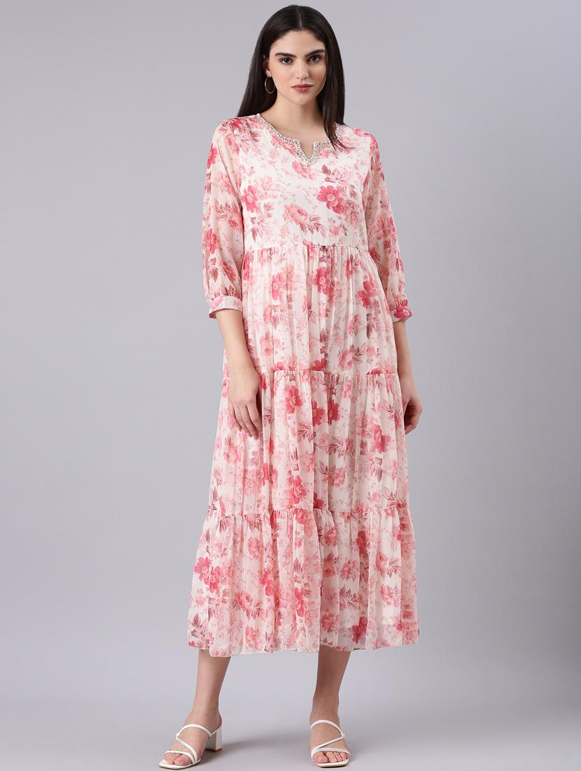 cream floral tiered dress - 20383295 - Zoom Image - 0