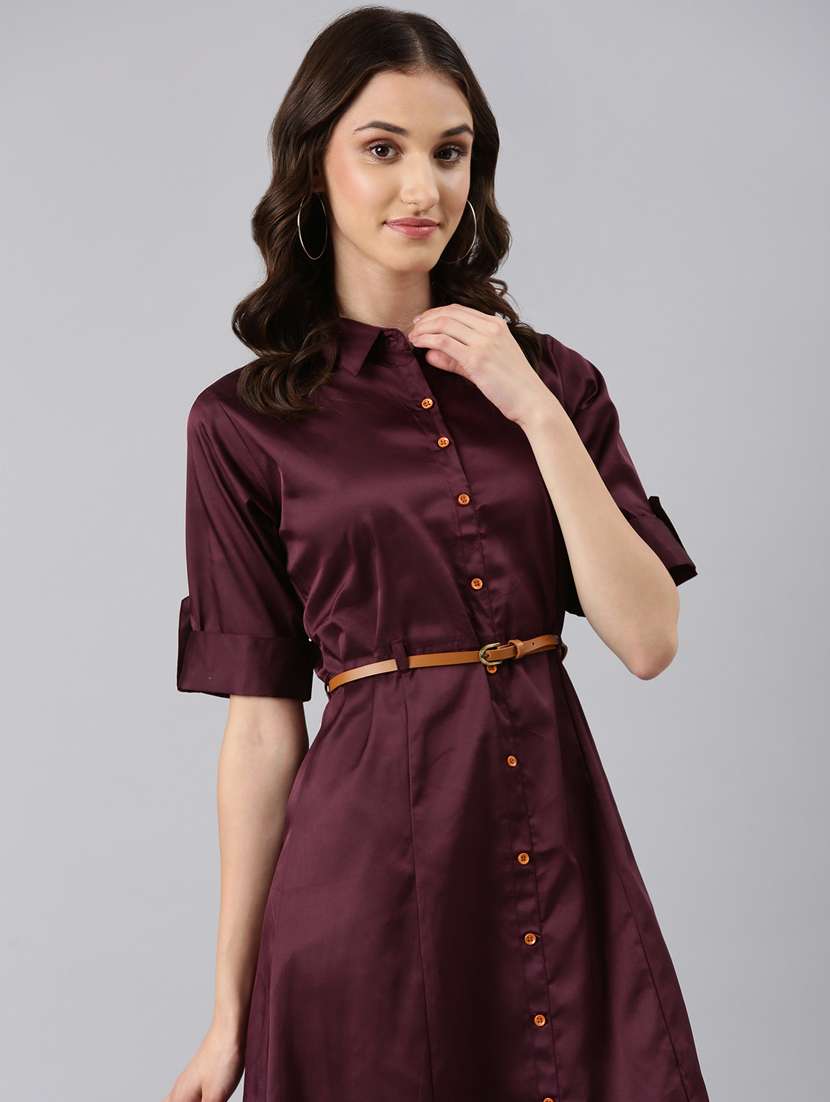 burgundy solid shirt dress - 20383311 -  Standard Image - 3