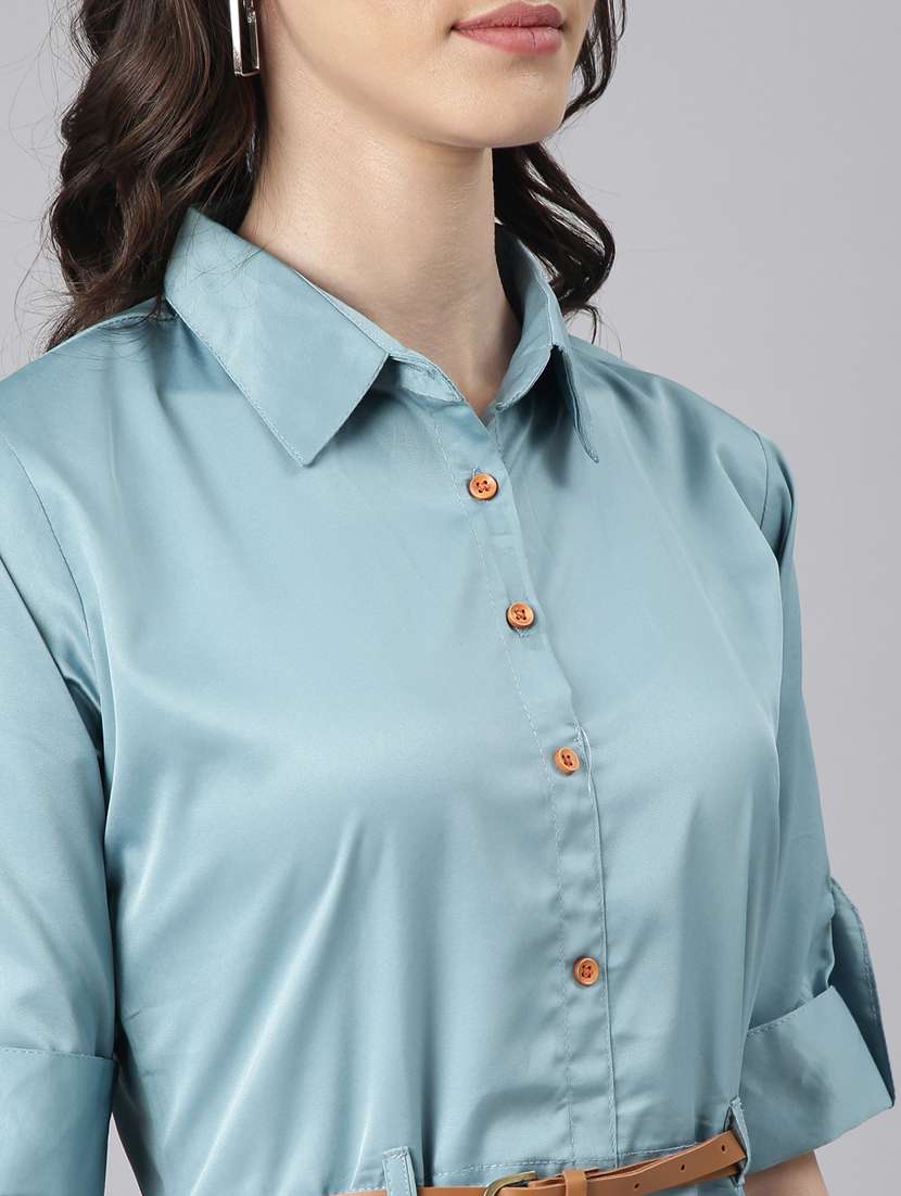 women teal cotton shirt dress - 20383312 -  Standard Image - 5