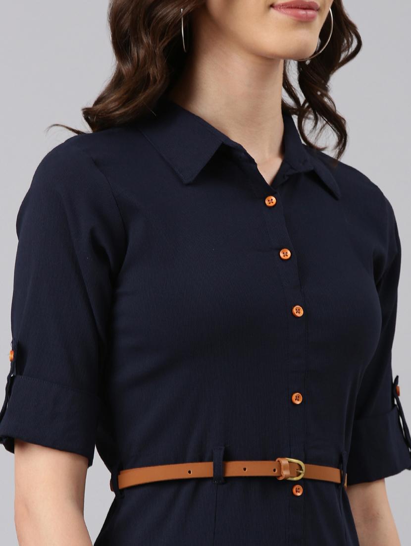 navy blue solid shirt dress - 20383313 - Standard Image - 5