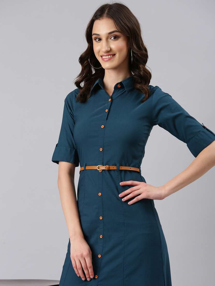 women teal cotton shirt dress - 20383315 -  Standard Image - 3