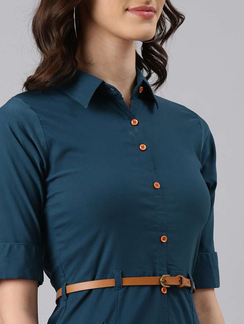 women teal cotton shirt dress - 20383315 -  Standard Image - 5