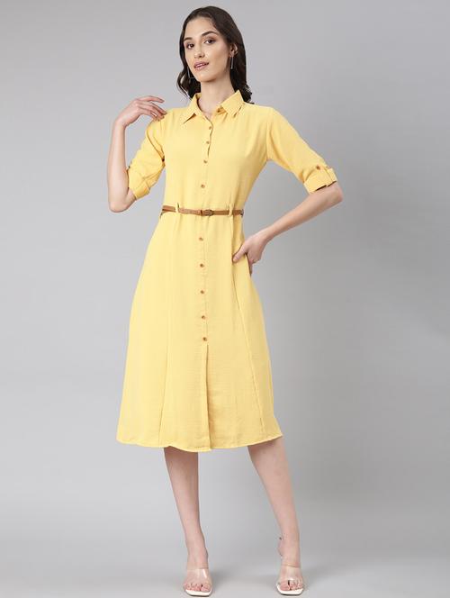 yellow solid shirt dress with belt - 20383321 - Standard Image - 0