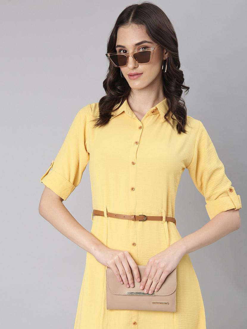 yellow solid shirt dress with belt - 20383321 - Standard Image - 3
