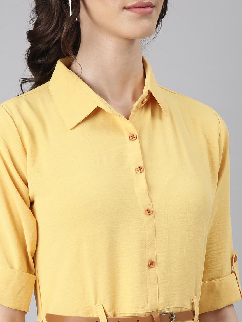 yellow solid shirt dress with belt - 20383321 - Standard Image - 5