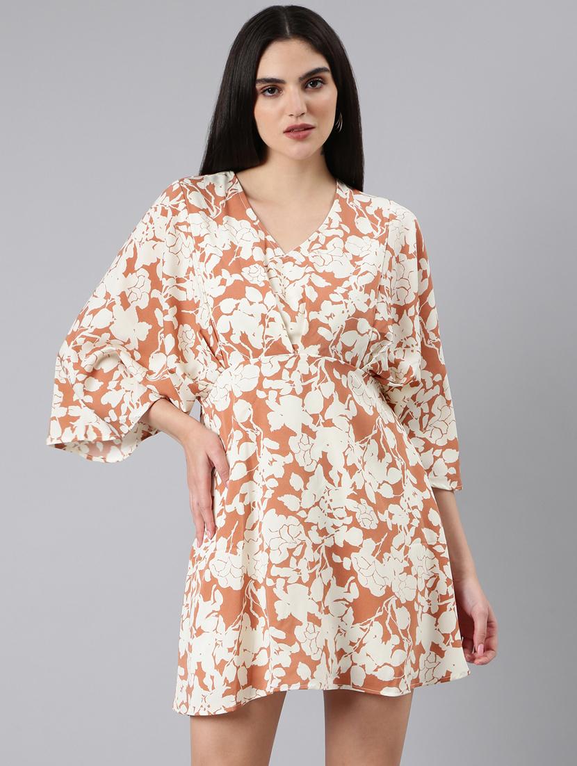 beige floral print a-line dress - 20383345 - Zoom Image - 0