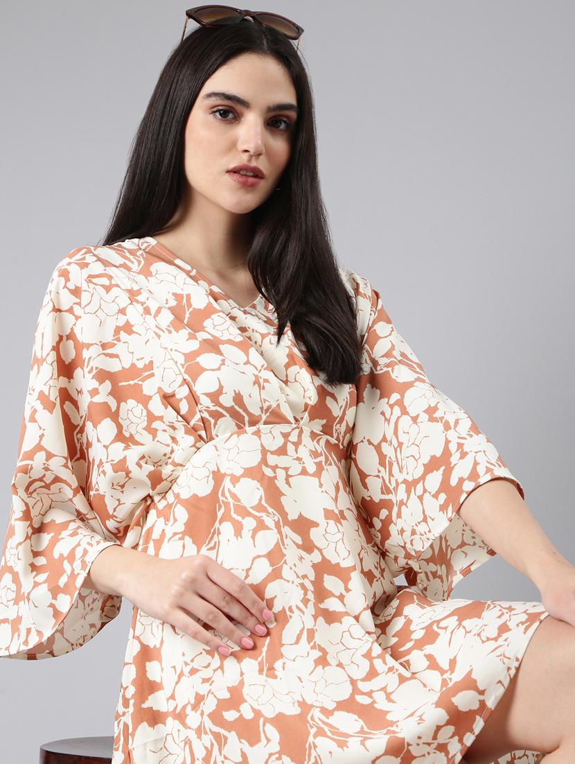 beige floral print a-line dress - 20383345 - Standard Image - 3
