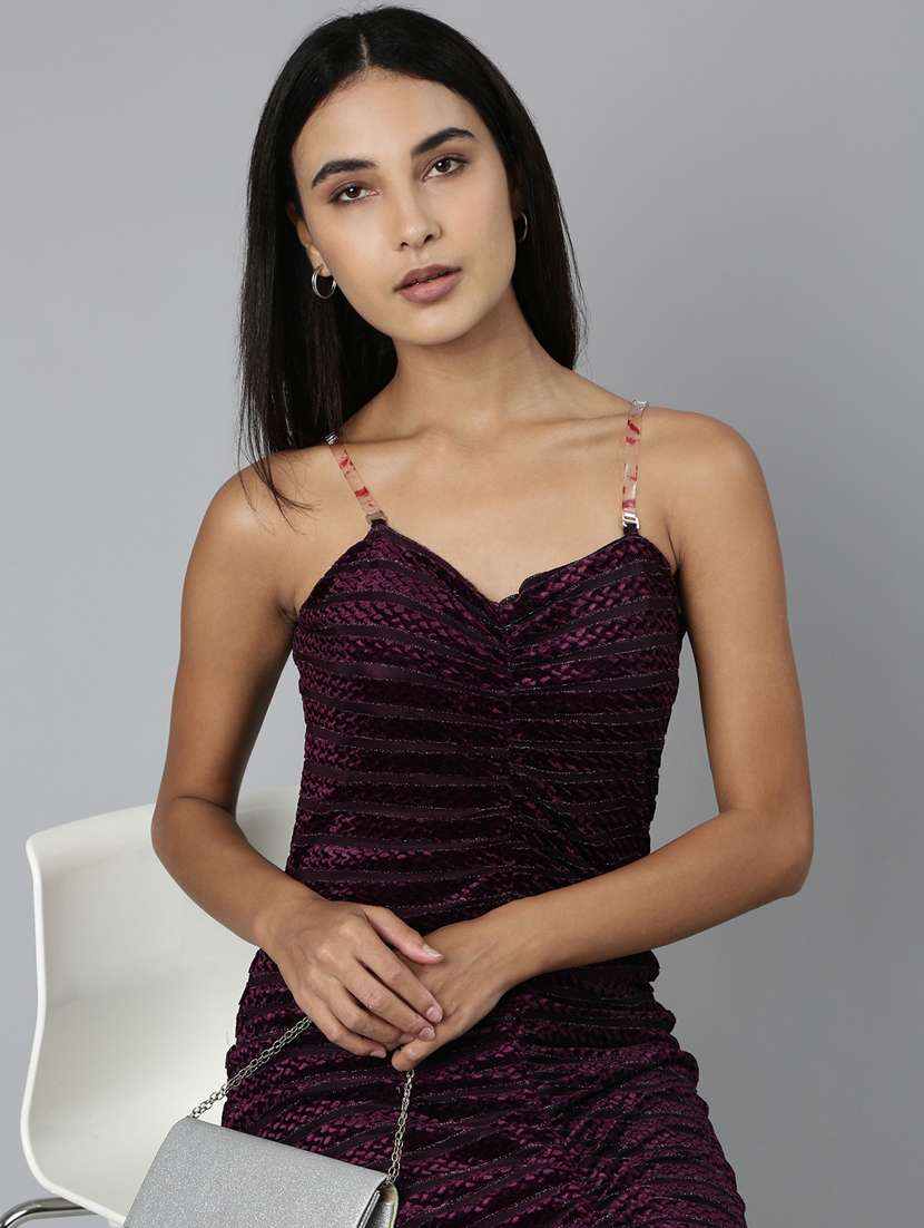 purple self designed shoulder strap bodycon dress - 20383349 - Standard Image - 3