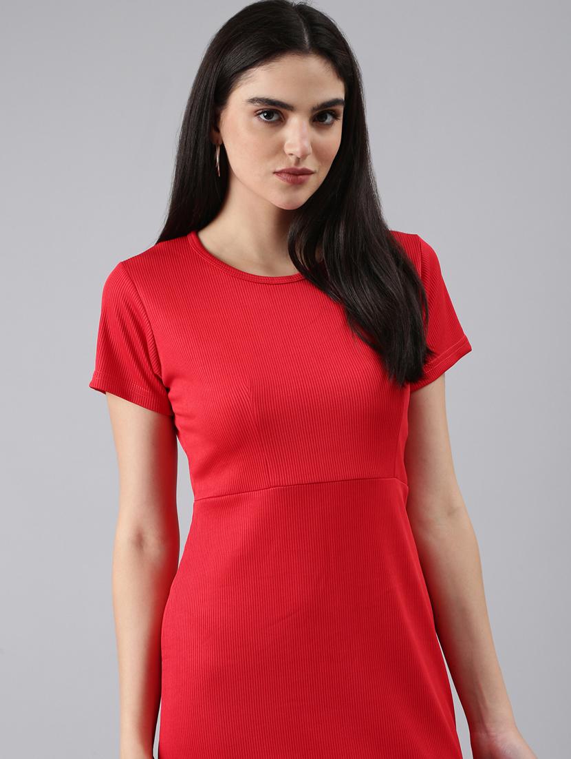red solid short sleeves bodycon dress - 20383355 - Standard Image - 3