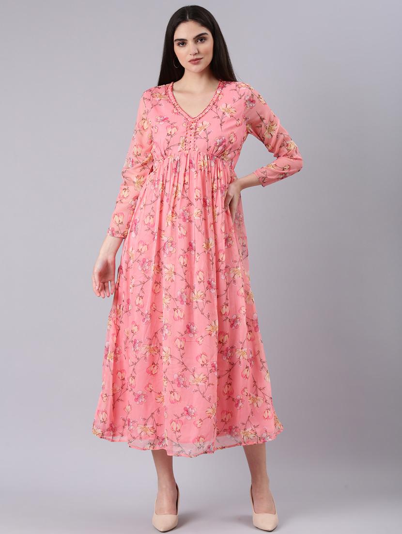women peach printed cotton empire line dress - 20383363 -  Zoom Image - 0