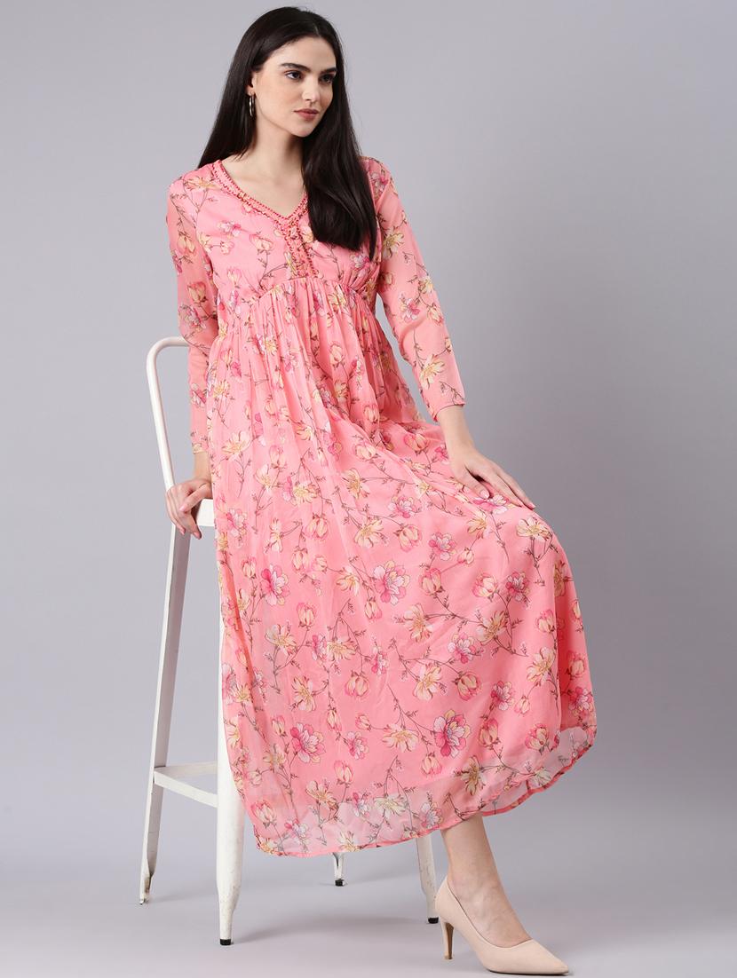 women peach printed cotton empire line dress - 20383363 - Standard Image - 3