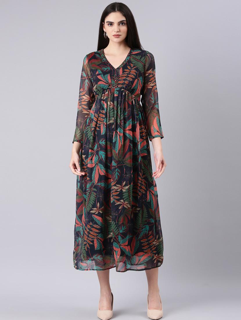 dark blue tropical print fit & flare dress - 20383365 -  Zoom Image - 0