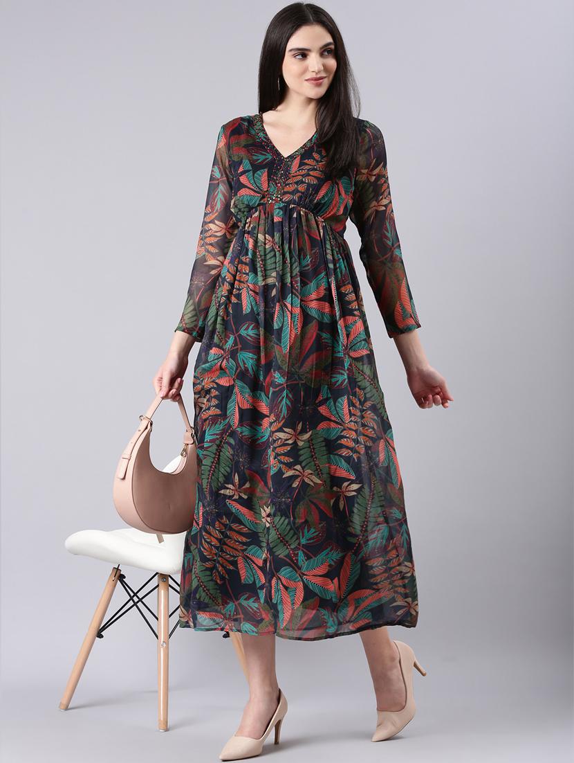 dark blue tropical print fit & flare dress - 20383365 - Standard Image - 3