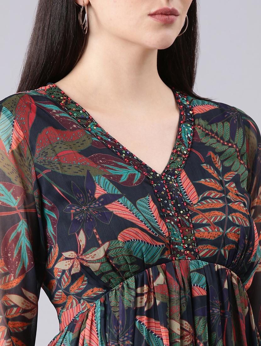 dark blue tropical print fit & flare dress - 20383365 - Standard Image - 5