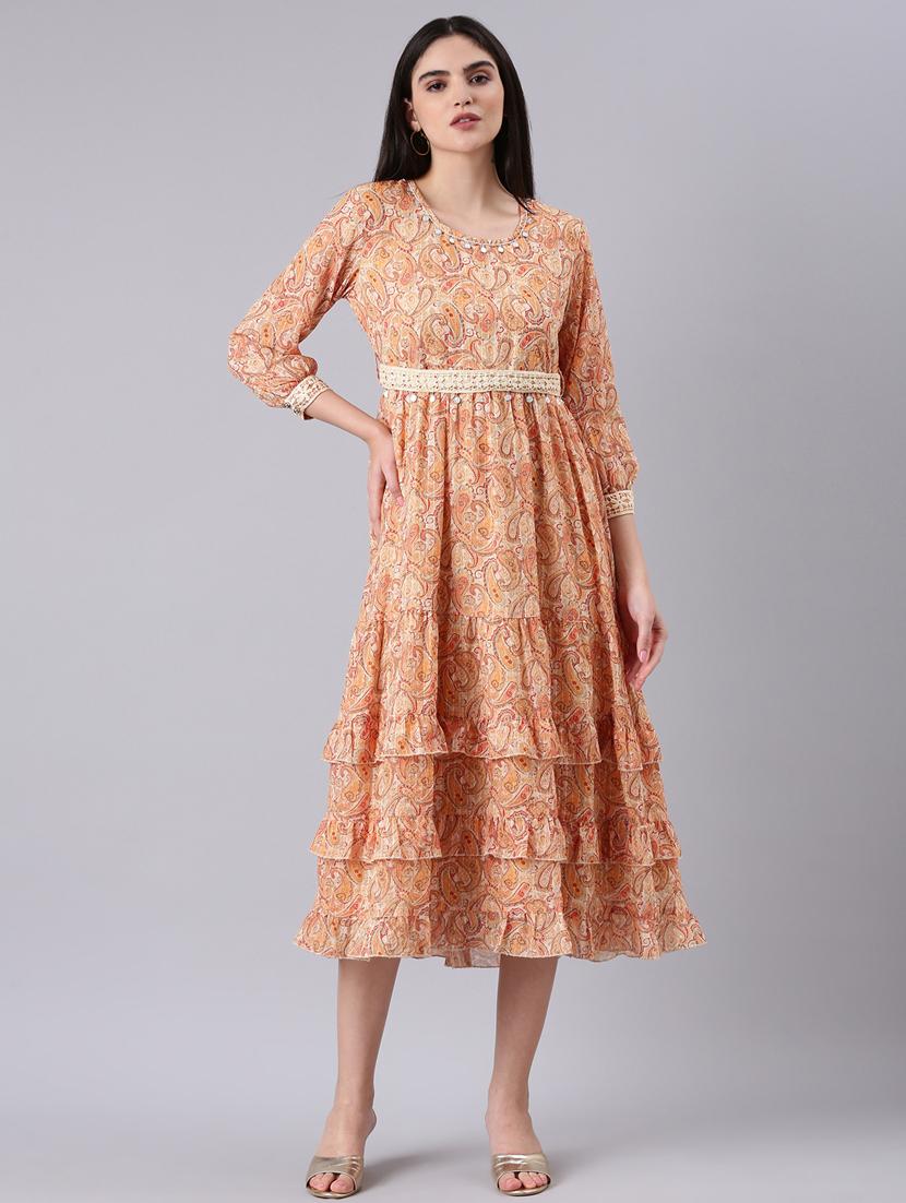 beige paisley print tiered dress - 20383367 - Zoom Image - 0