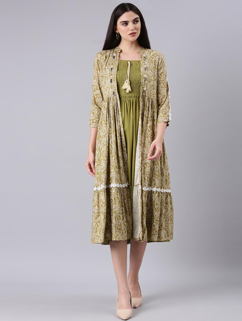olive pasiley print fit & flare dress - 20383370 - Zoom Image - 0