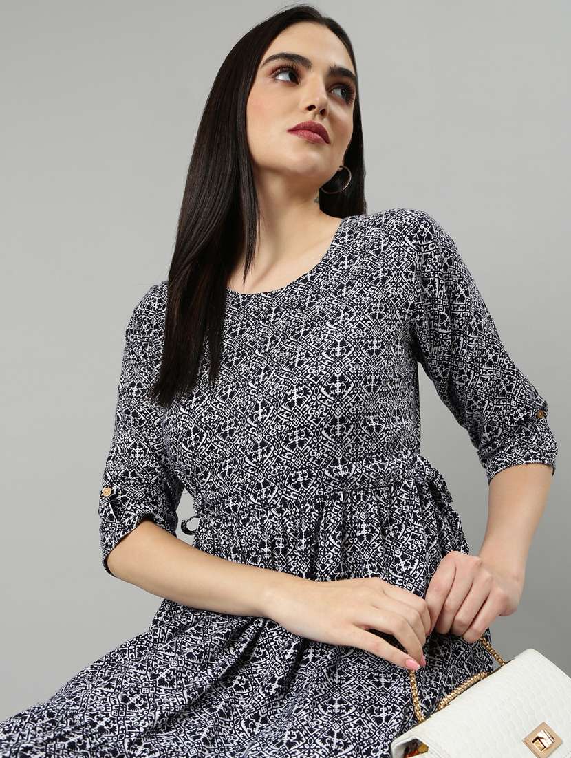 navy blue printed fit & flare dress - 20383372 -  Standard Image - 3