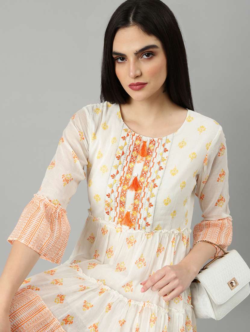 cream printed fit & flare ethnic dress - 20383379 -  Standard Image - 3