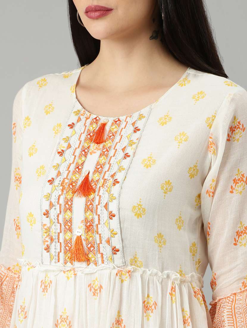 cream printed fit & flare ethnic dress - 20383379 -  Standard Image - 5