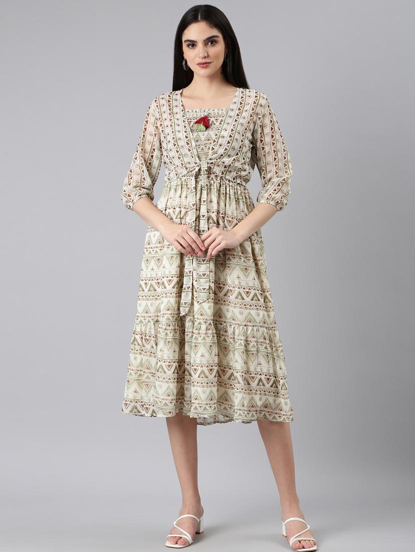 multi color printed fit & flare dress with shrug - 20383381 - Zoom Image - 0