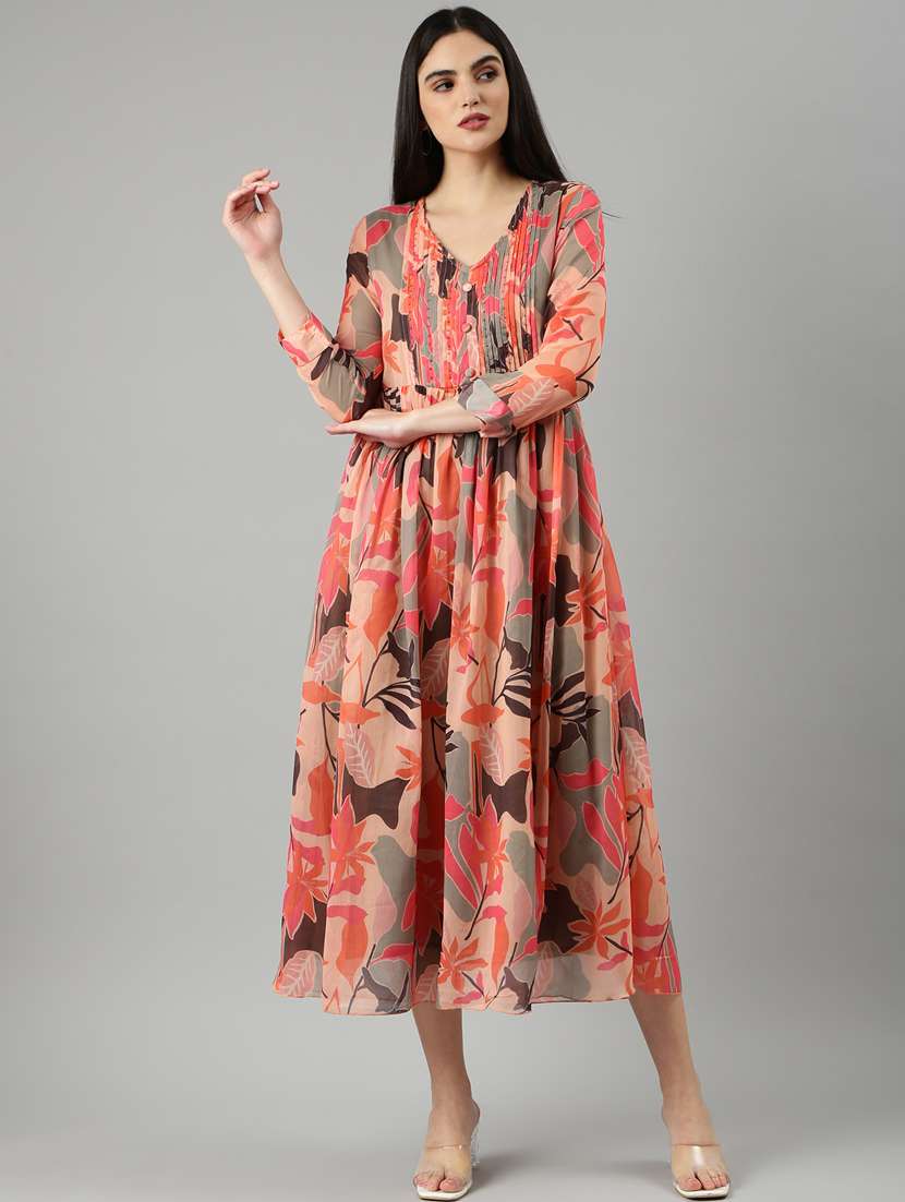 peach tropical print a-line dress - 20383388 - Zoom Image - 0