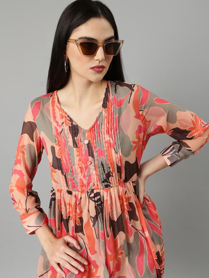 peach tropical print a-line dress - 20383388 - Standard Image - 3