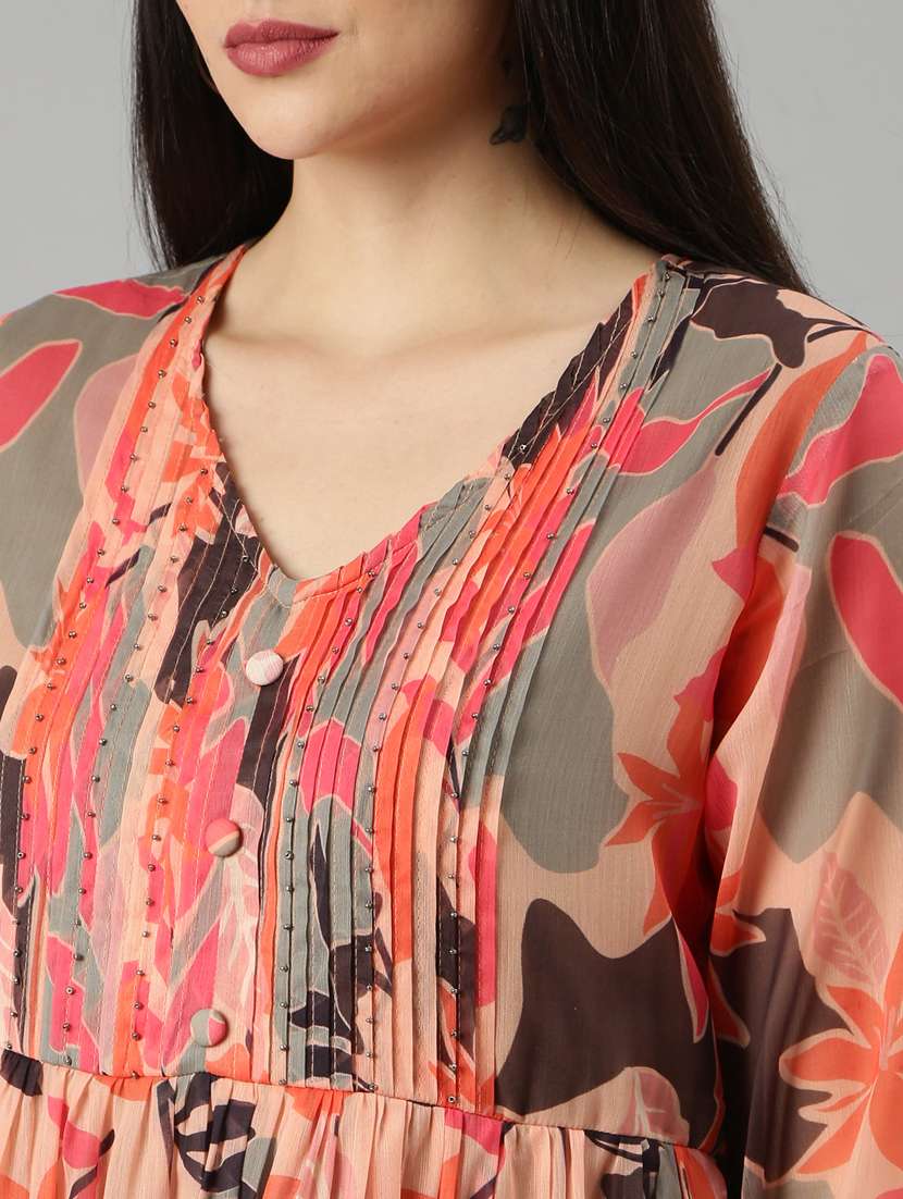 peach tropical print a-line dress - 20383388 - Standard Image - 5