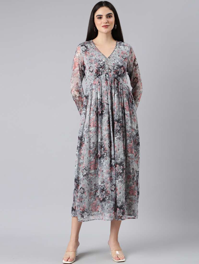 grey floral empire line dress - 20383395 -  Zoom Image - 0