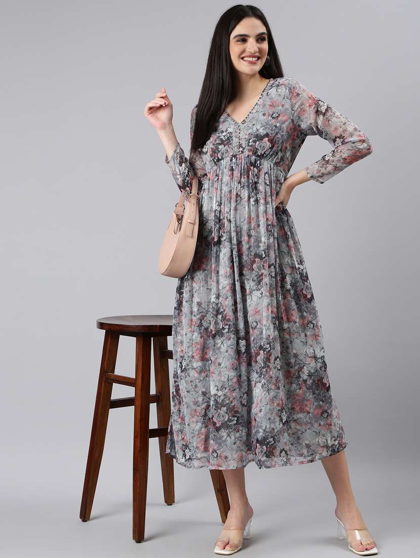 grey floral empire line dress - 20383395 -  Standard Image - 3