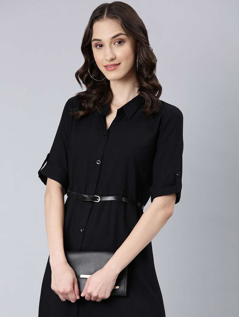 black solid shirt dress with belt - 20383402 -  Standard Image - 3