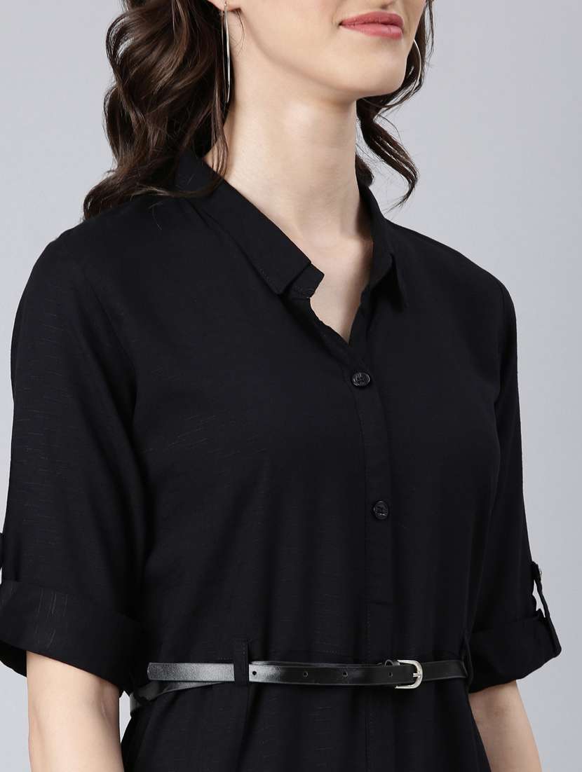 black solid shirt dress with belt - 20383402 -  Standard Image - 5