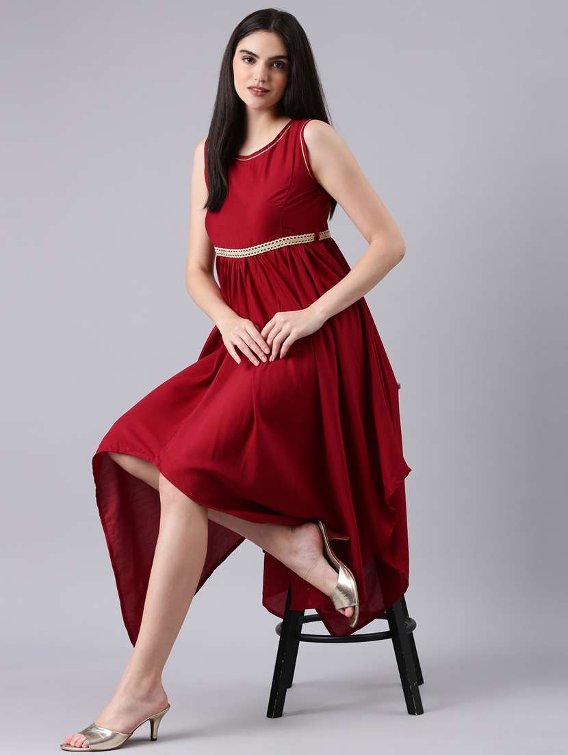 maroon solid with work asymmetric dress - 20383422 -  Standard Image - 3
