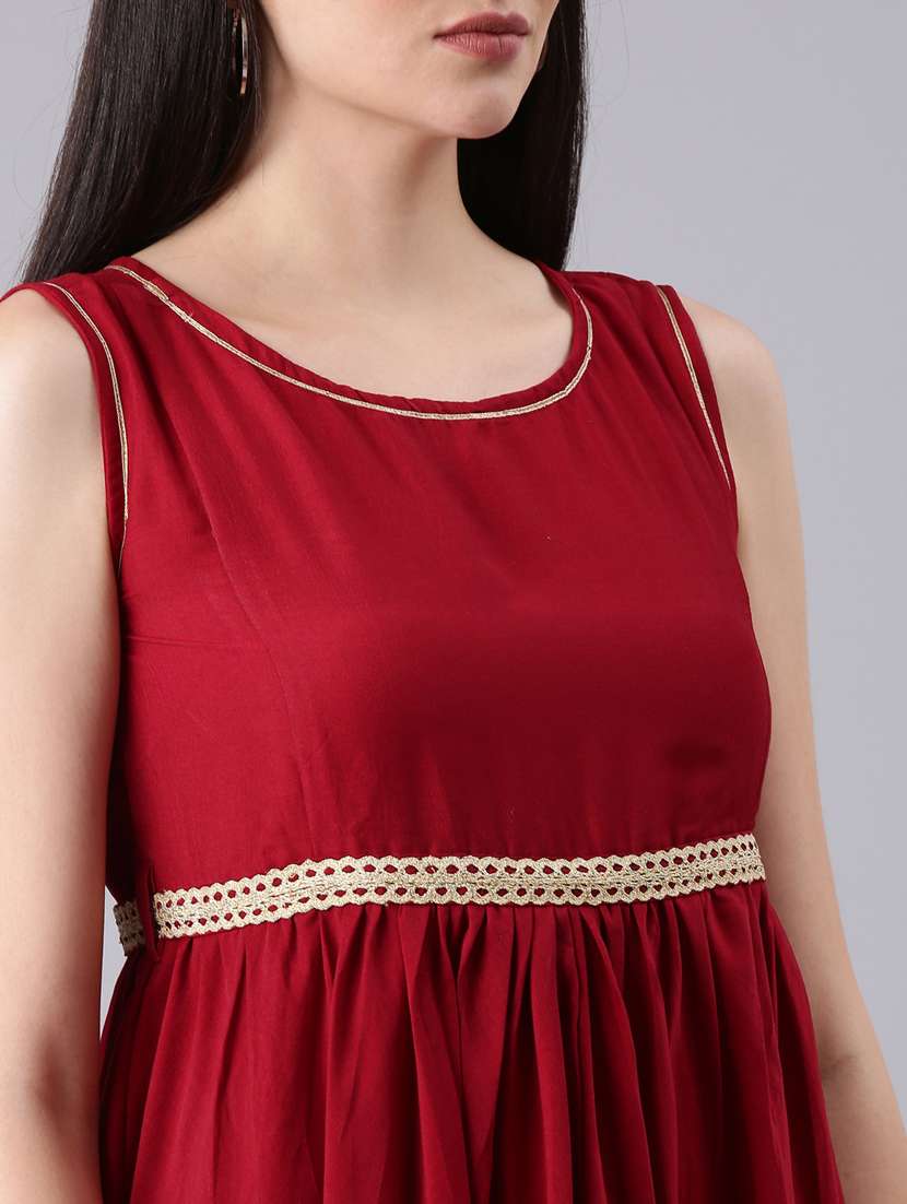 maroon solid with work asymmetric dress - 20383422 -  Standard Image - 5