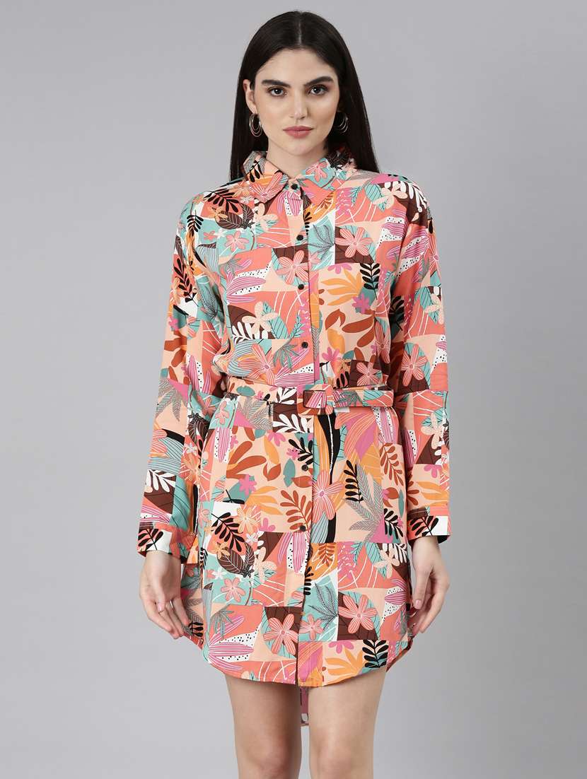 multi color tropical print shirt dress