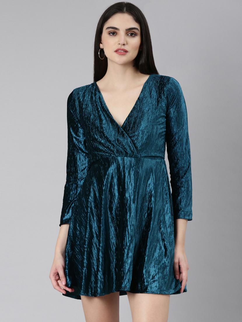 teal self designed fit & flare dress - 20383444 -  Zoom Image - 0