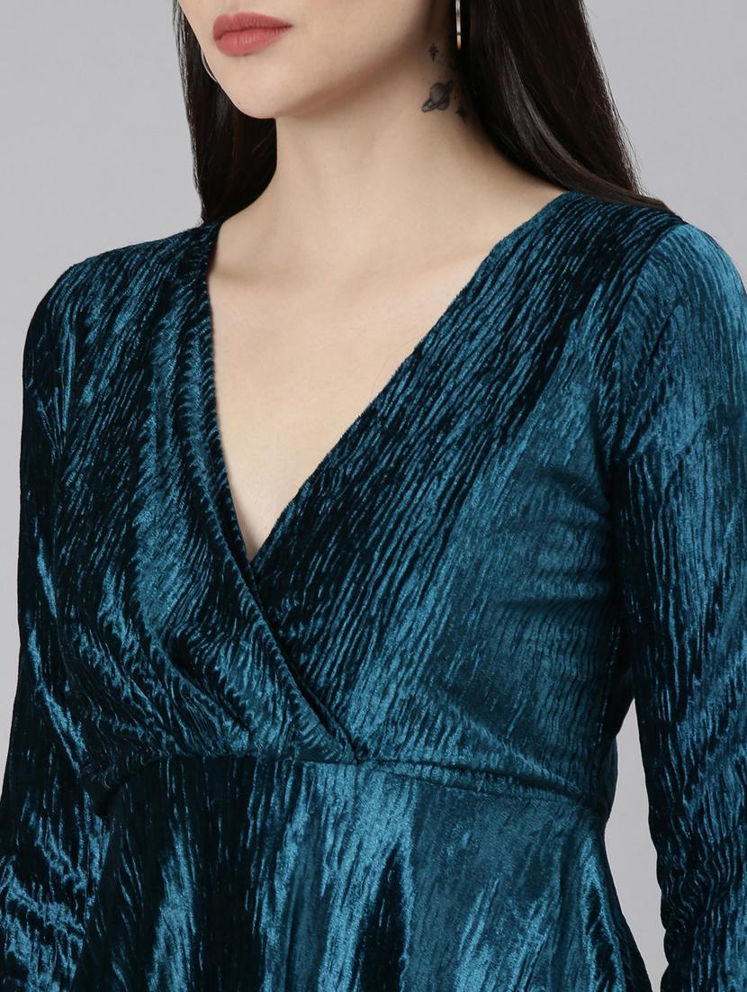 teal self designed fit & flare dress - 20383444 - Standard Image - 5