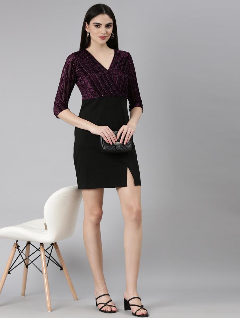 purple self design bodycon dress - 20383446 - Standard Image - 3