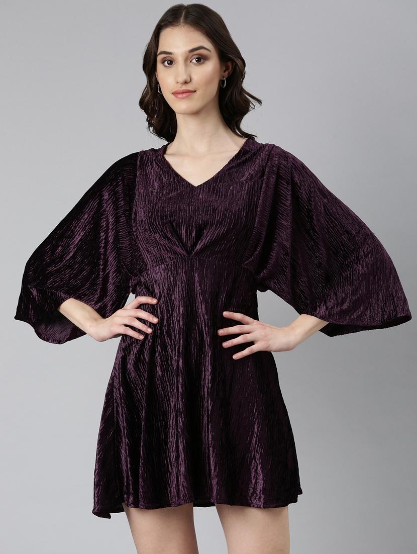 purple solid v neck fit & flare dress - 20383453 -  Zoom Image - 0