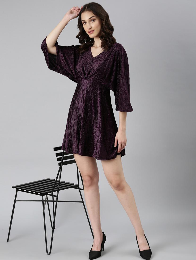 purple solid v neck fit & flare dress - 20383453 - Standard Image - 3