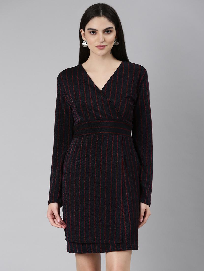 navy blue stripes wrap dress - 20383458 - Zoom Image - 0