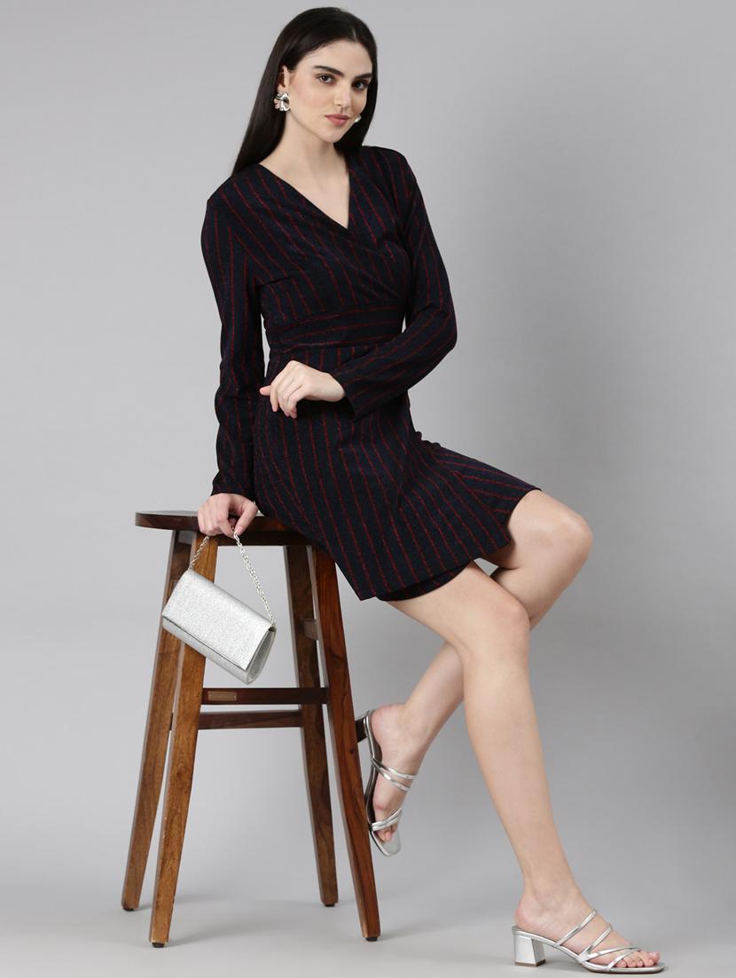 navy blue stripes wrap dress - 20383458 - Standard Image - 3