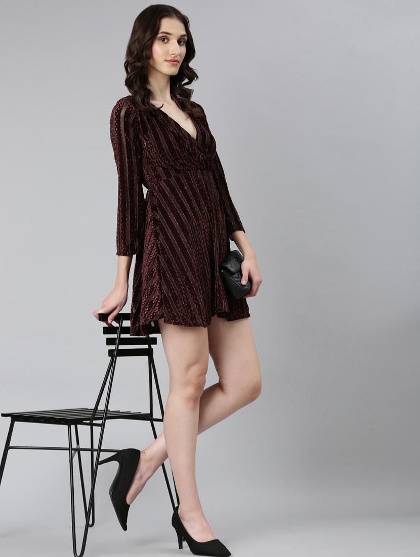 coffee brown self design a-line dress - 20383459 - Standard Image - 3