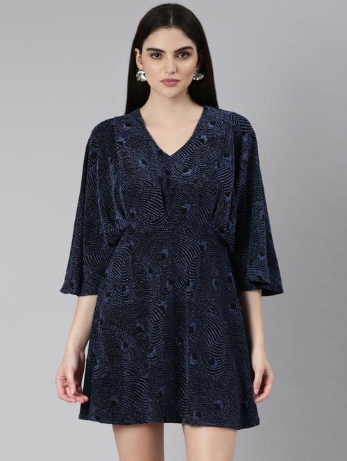 navy blue self designed a-line dress - 20383466 - Standard Image - 0