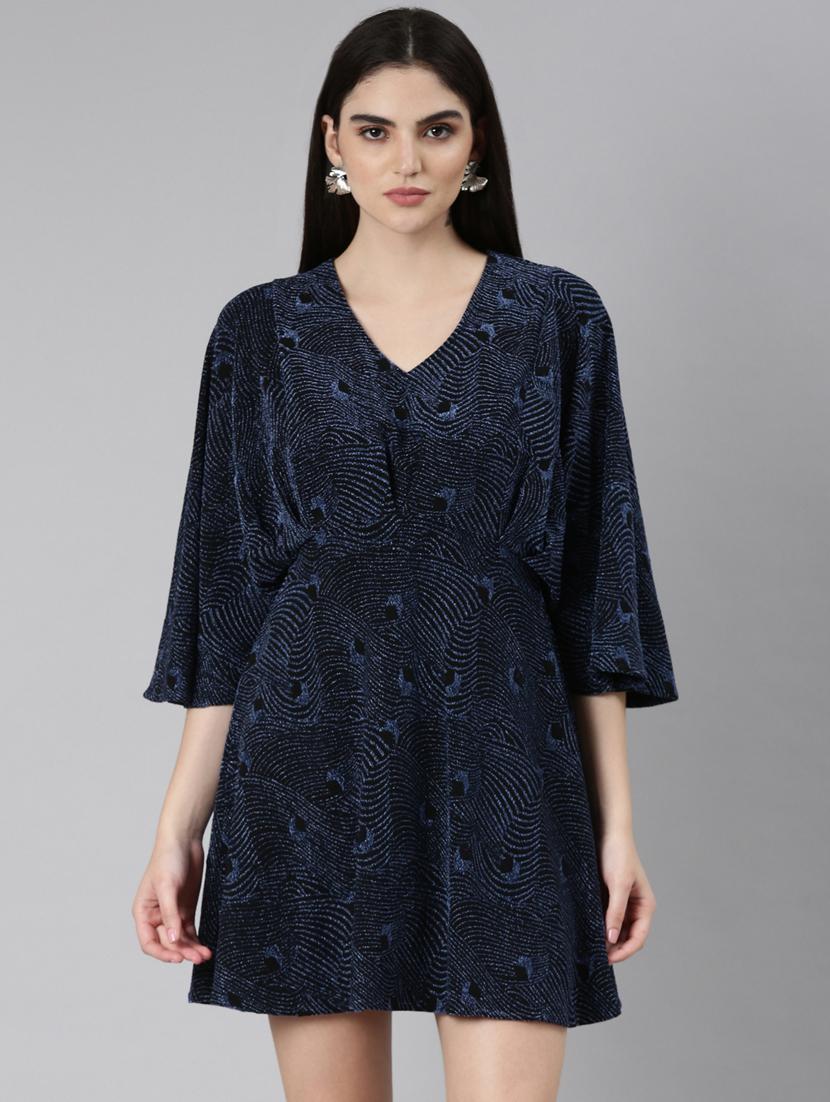 navy blue self designed a-line dress - 20383466 - Zoom Image - 0